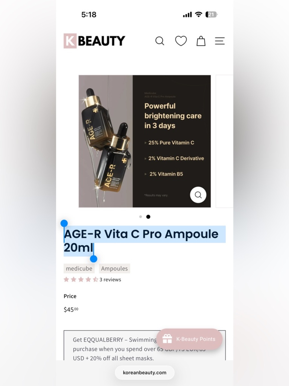 *NIB .67oz* MEDICUBE AGE-R Vita C Pro Ampoule – Gold & Black (20ml) - Picture 2 of 4